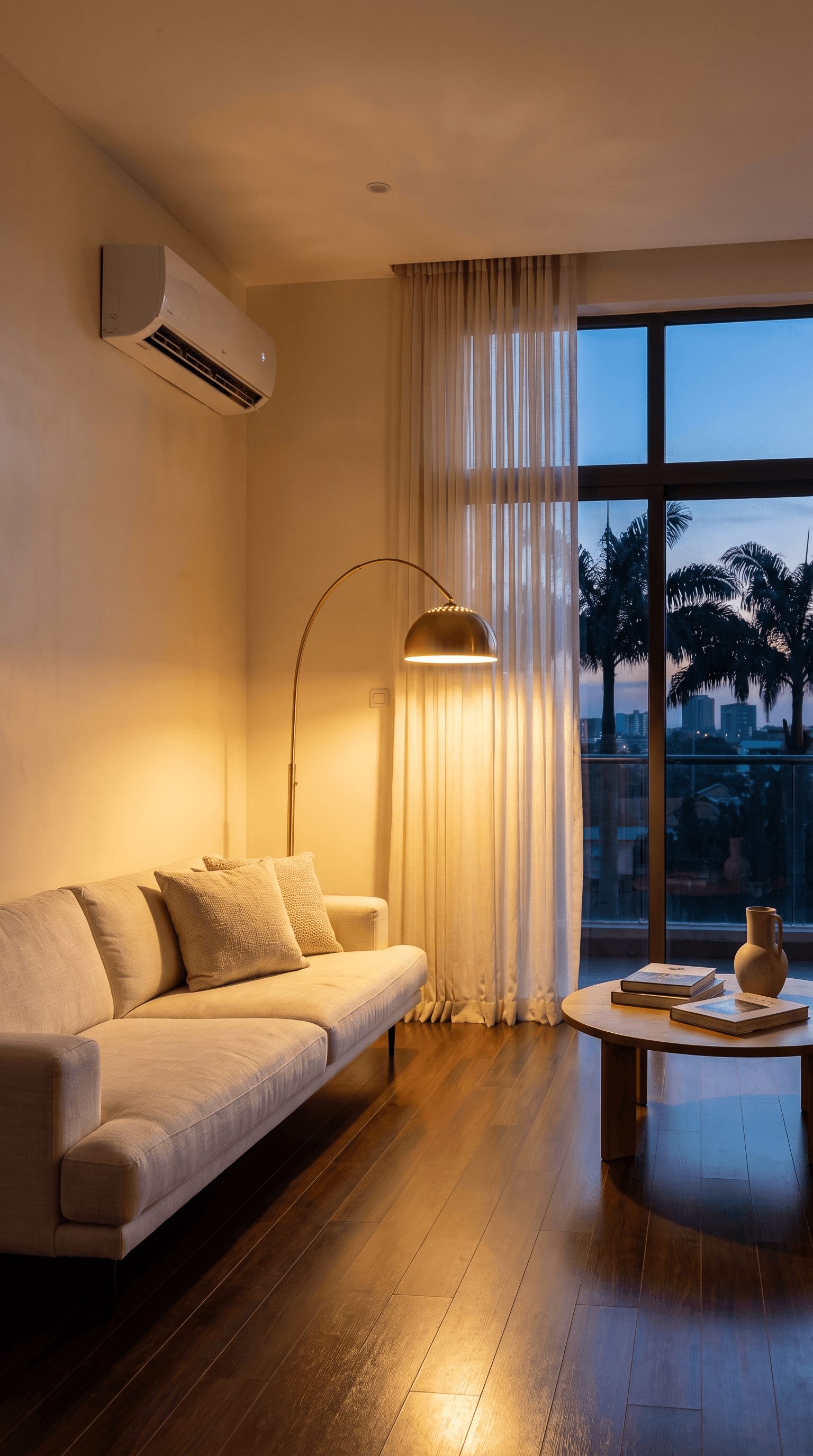 A furnished living room at dusk, lamp on, with palm trees beyond the window
