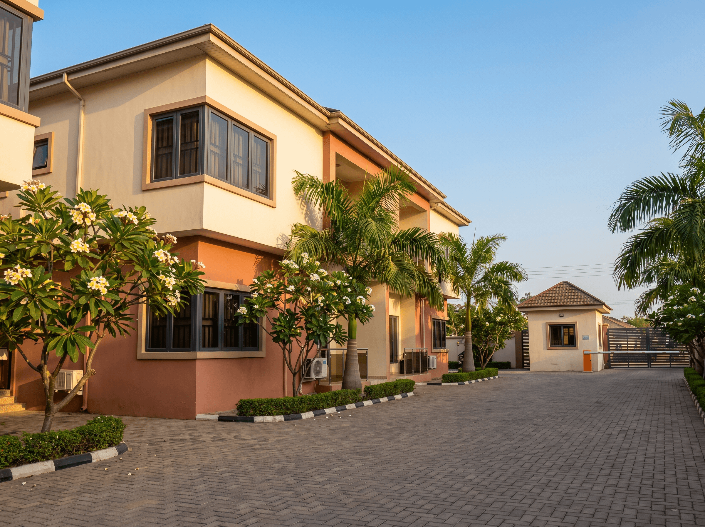 A gated estate of two-storey homes with palm trees