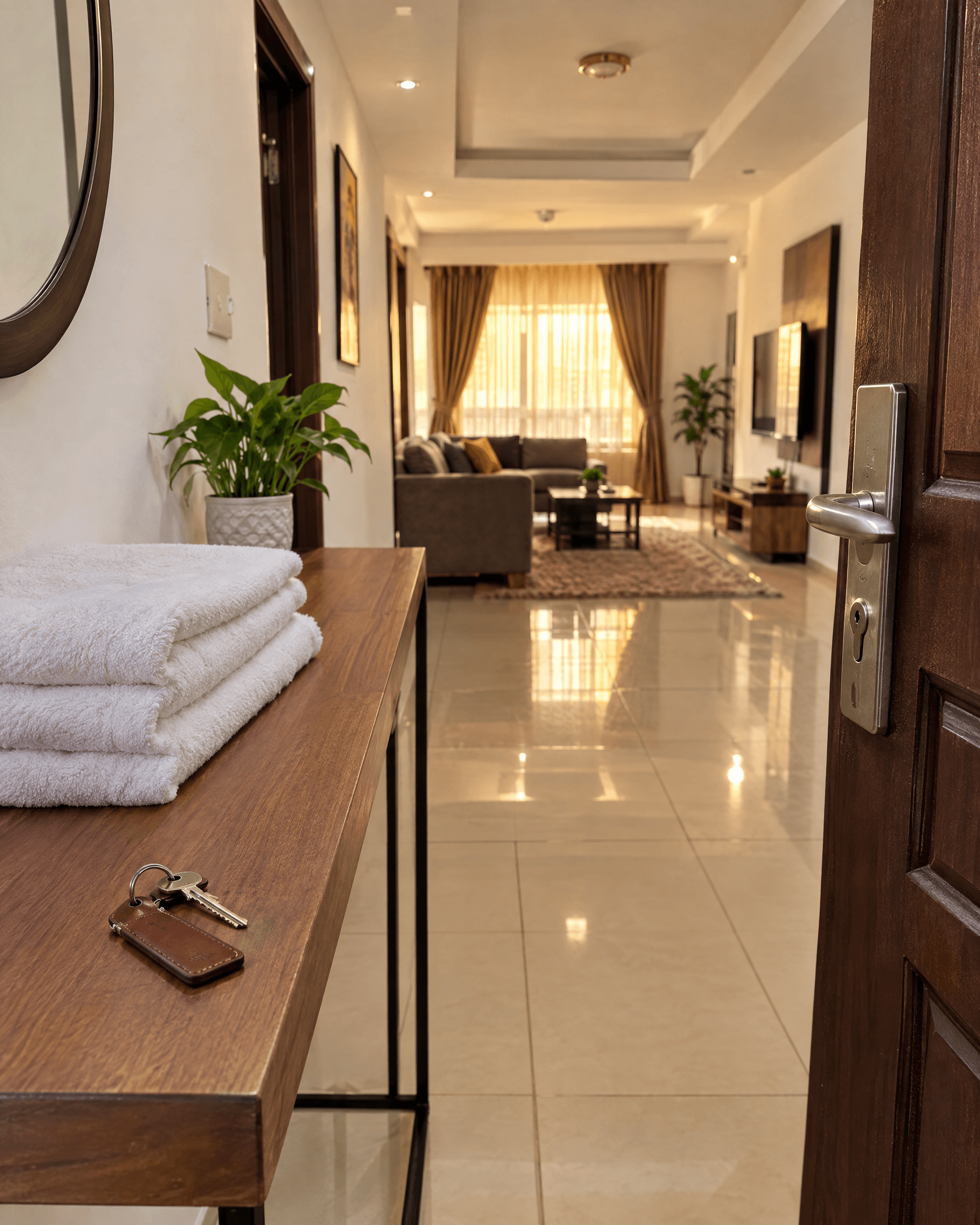 Keys and folded towels on a console table by the front door of a cleaned serviced apartment
